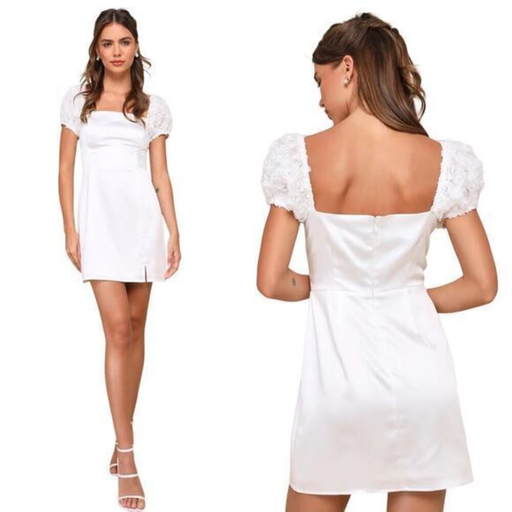 Lulus Precious Enchantment White Satin Floral Puff Sleeve Mini Dress size S NWT